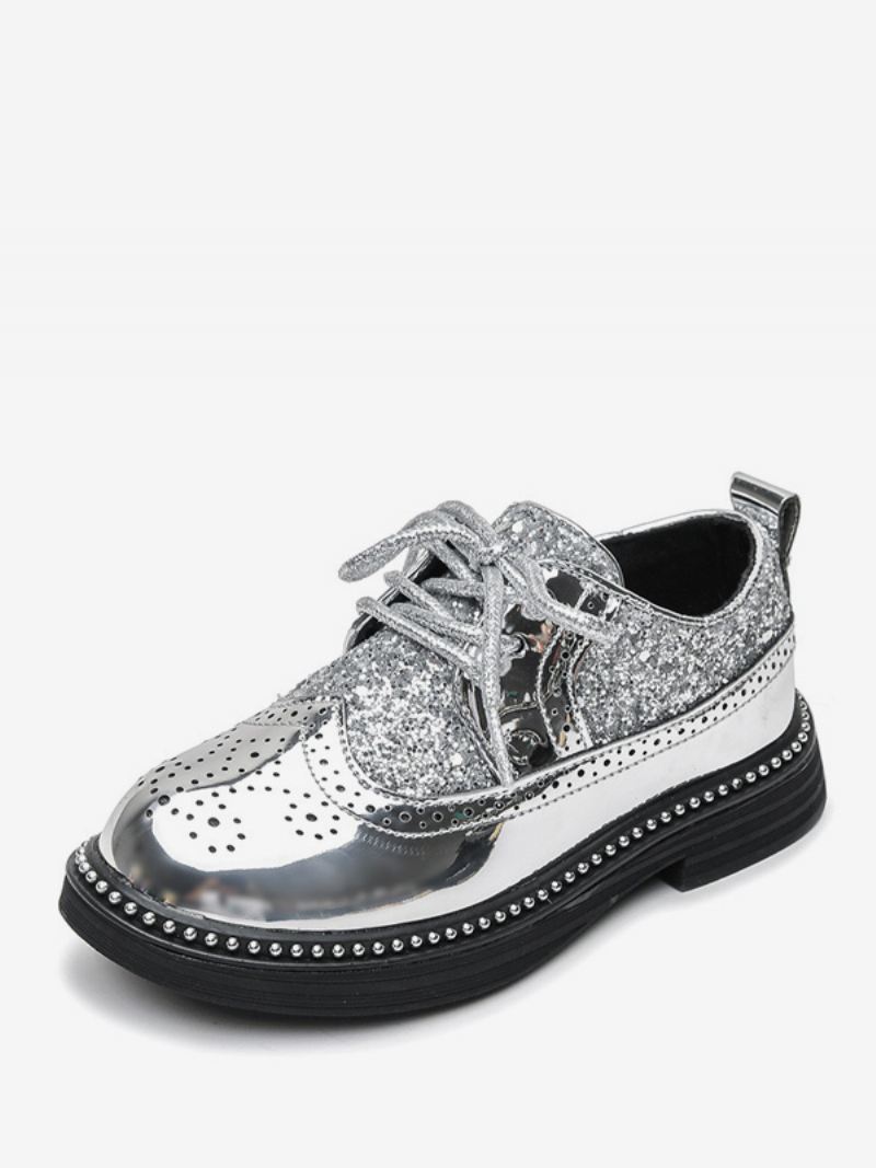 Geklede Schoenen Jongens Brogue Zwarte Glitter Formele Feestschoenen Met Ronde Neus Veters - Zilver