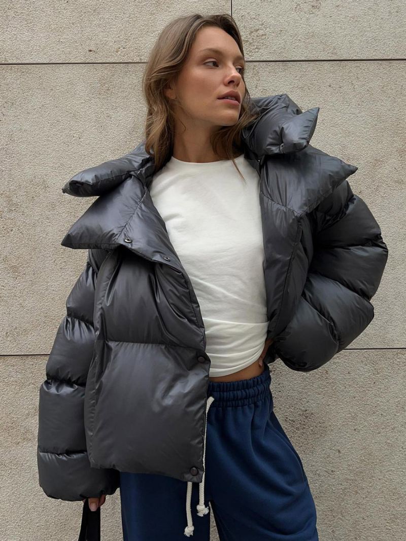 Dames Pufferjas Met Capuchon Knop Voorkant Effen Kleur Oversized Winterbovenkleding