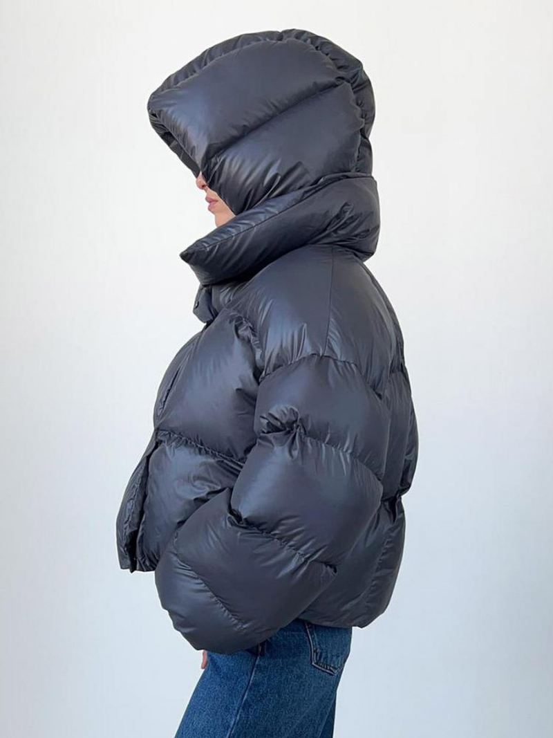 Dames Pufferjas Met Capuchon Knop Voorkant Effen Kleur Oversized Winterbovenkleding - Diepgrijs