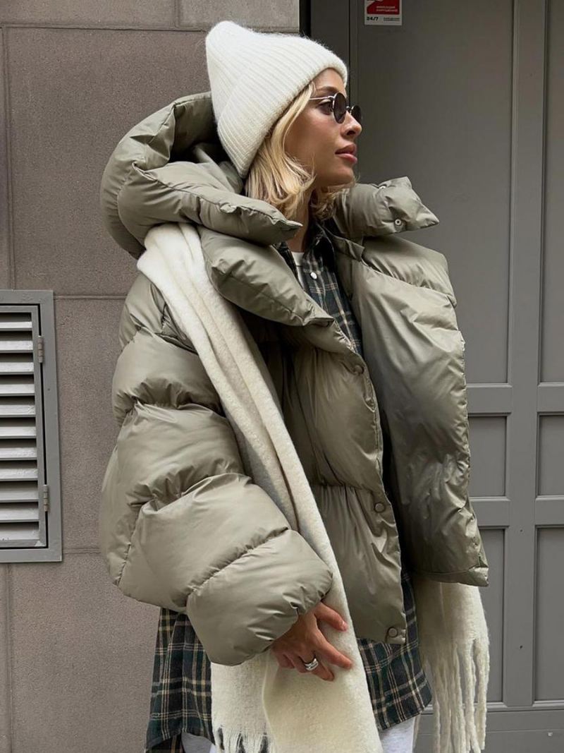 Dames Pufferjas Met Capuchon Knop Voorkant Effen Kleur Oversized Winterbovenkleding - Jagersgroen