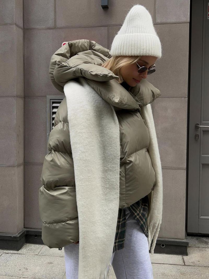 Dames Pufferjas Met Capuchon Knop Voorkant Effen Kleur Oversized Winterbovenkleding - Jagersgroen