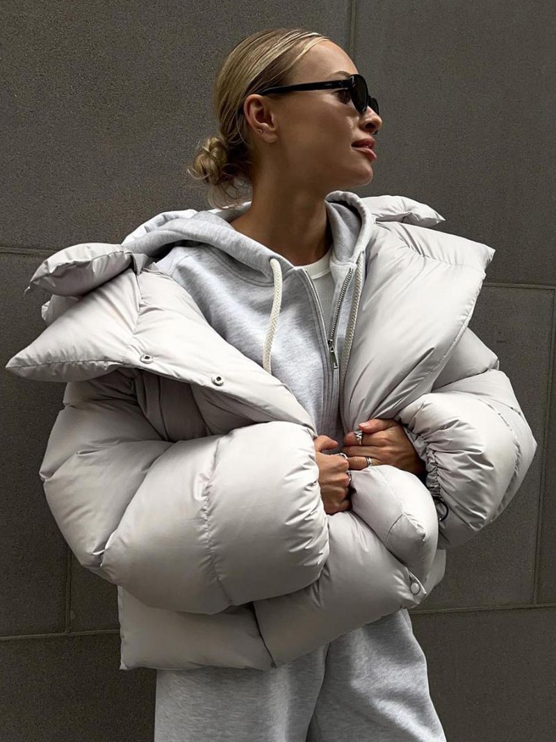 Dames Pufferjas Met Capuchon Knop Voorkant Effen Kleur Oversized Winterbovenkleding - Lichtgrijs