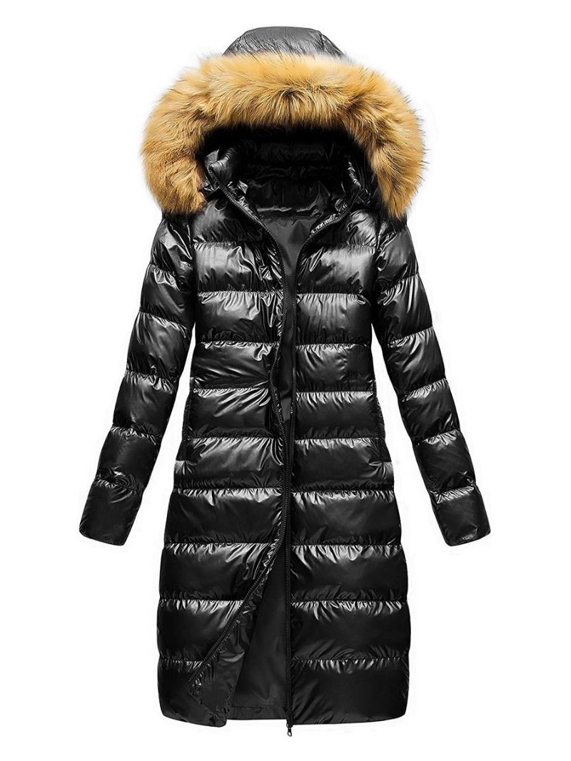 Damesjas Zwart Pufferjas Namaakbont Winterbovenkleding Met Capuchon