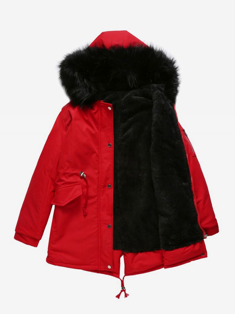 Dameswinterjassen Roze Medium Trekkoord Capuchon Vooraan Knoop Lange Mouwen Tweekleurige Casual Winterjas Bovenkleding - Rood