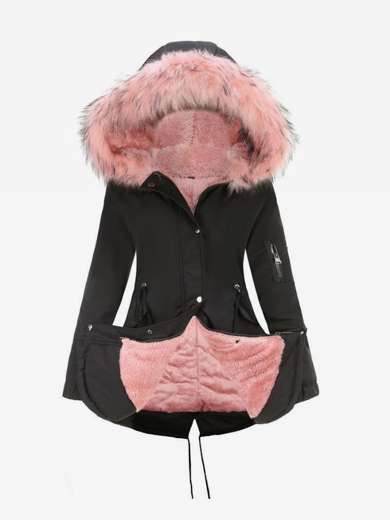 Dameswinterjassen Roze Medium Trekkoord Capuchon Vooraan Knoop Lange Mouwen Tweekleurige Casual Winterjas Bovenkleding - Roze