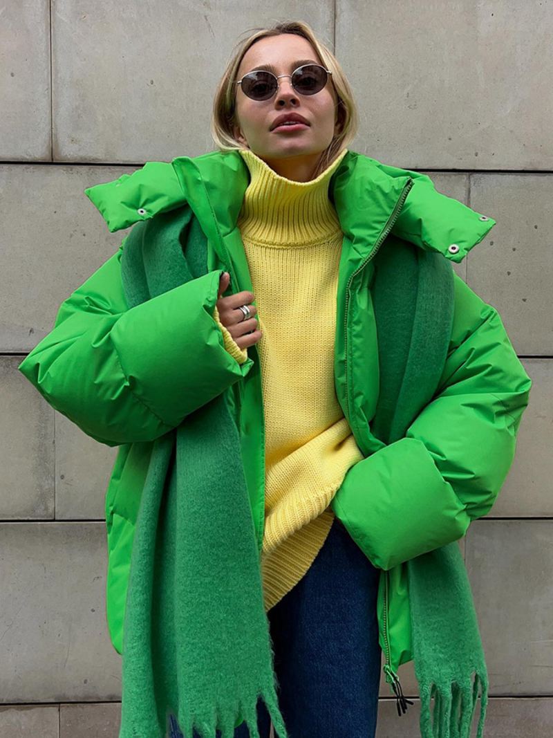 Gewatteerde Jas Met Capuchon Ritssluiting Effen Kleur Oversized Bovenkleding Dames - Groen