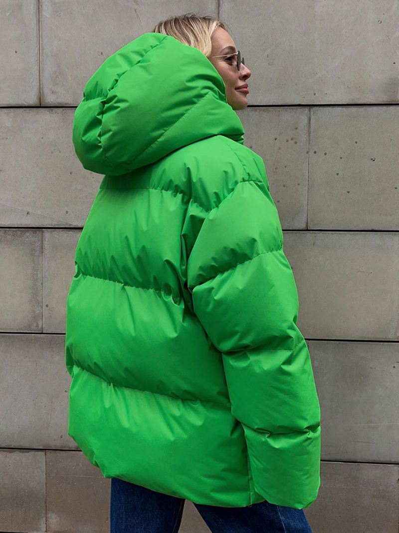 Gewatteerde Jas Met Capuchon Ritssluiting Effen Kleur Oversized Bovenkleding Dames - Groen