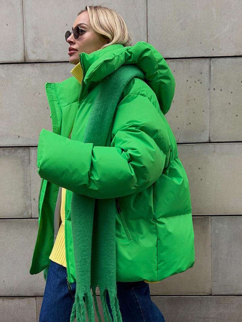 Gewatteerde Jas Met Capuchon Ritssluiting Effen Kleur Oversized Bovenkleding Dames - Groen