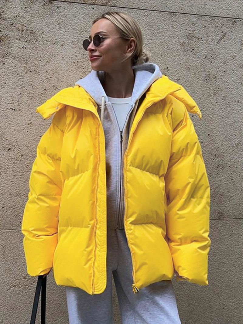 Gewatteerde Jas Met Capuchon Ritssluiting Effen Kleur Oversized Bovenkleding Dames - Geel