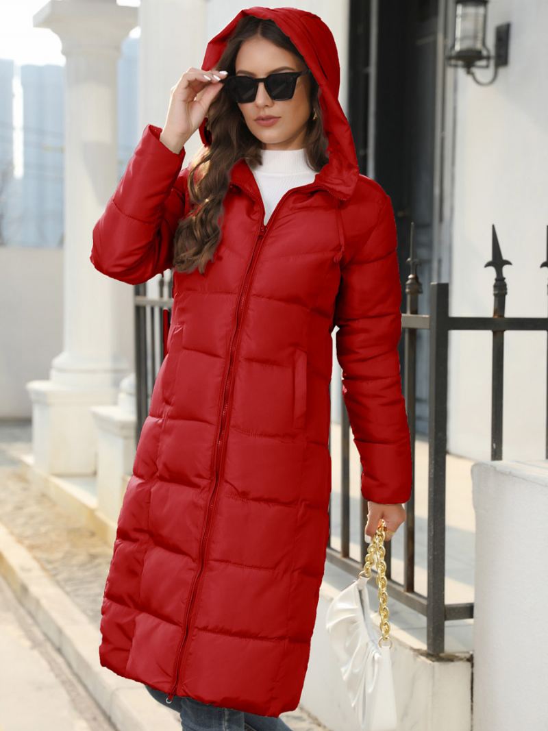 Katoenen Jas Dames Met Ritssluiting Effen Lange Slanke Parka's Capuchon - Rood