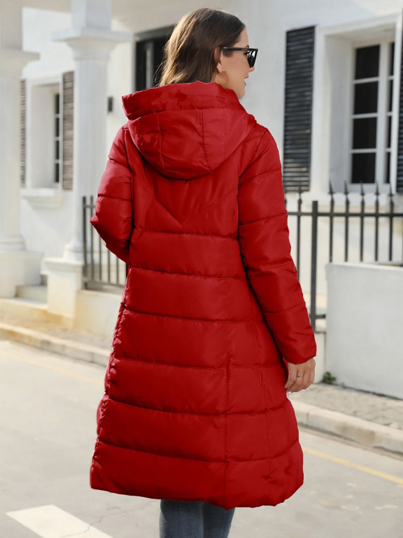 Katoenen Jas Dames Met Ritssluiting Effen Lange Slanke Parka's Capuchon - Rood