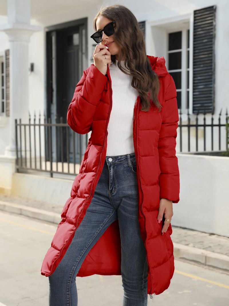 Katoenen Jas Dames Met Ritssluiting Effen Lange Slanke Parka's Capuchon - Rood