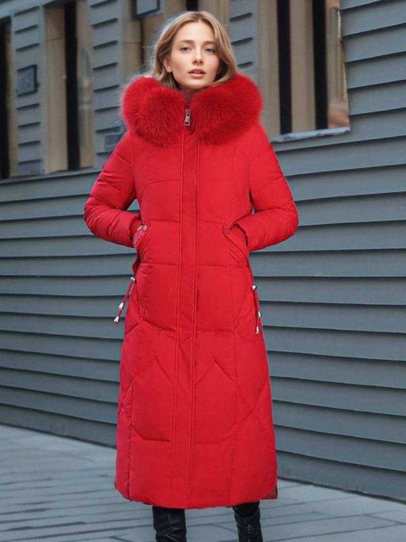 Lange Damesjas Met Capuchon Ritssluiting Capuchon. Kwalitatieve Casual Winterbovenkleding - Rood