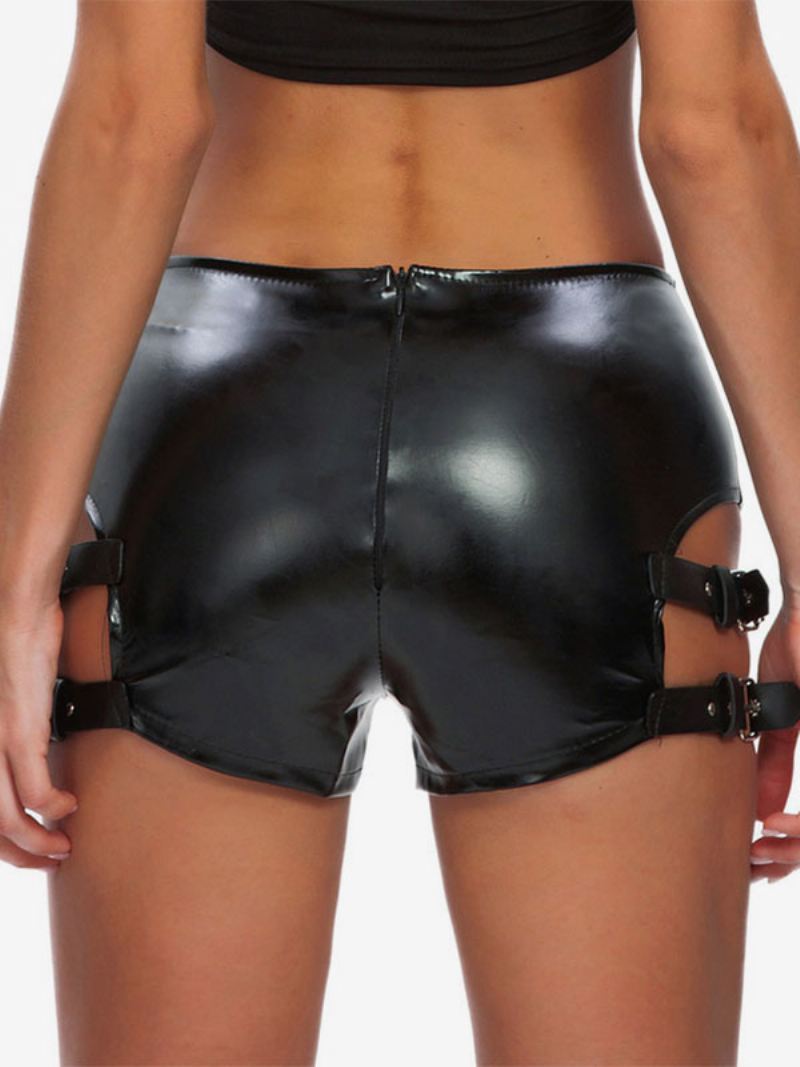 Dames Clubwear Metalen Details Sexy Zwarte Pu-leren Broek - Zwart