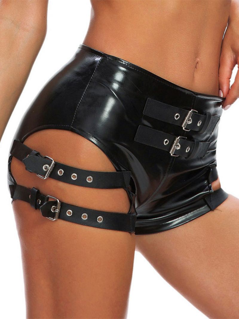 Dames Clubwear Metalen Details Sexy Zwarte Pu-leren Broek - Zwart