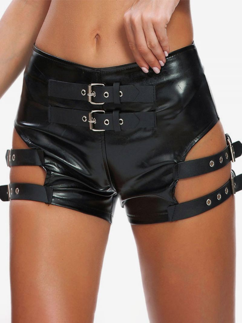 Dames Clubwear Metalen Details Sexy Zwarte Pu-leren Broek - Zwart