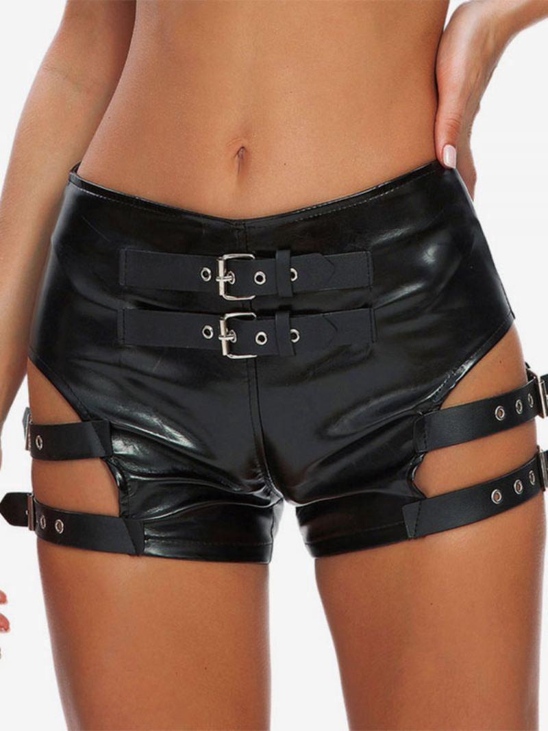 Dames Clubwear Metalen Details Sexy Zwarte Pu-leren Broek - Zwart