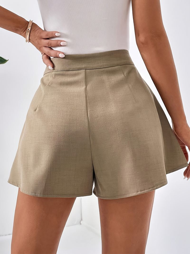 Damesshorts Effen Kleur Geplooide Casual Zomershorts Met Hoge Taille Knopen - Khaki