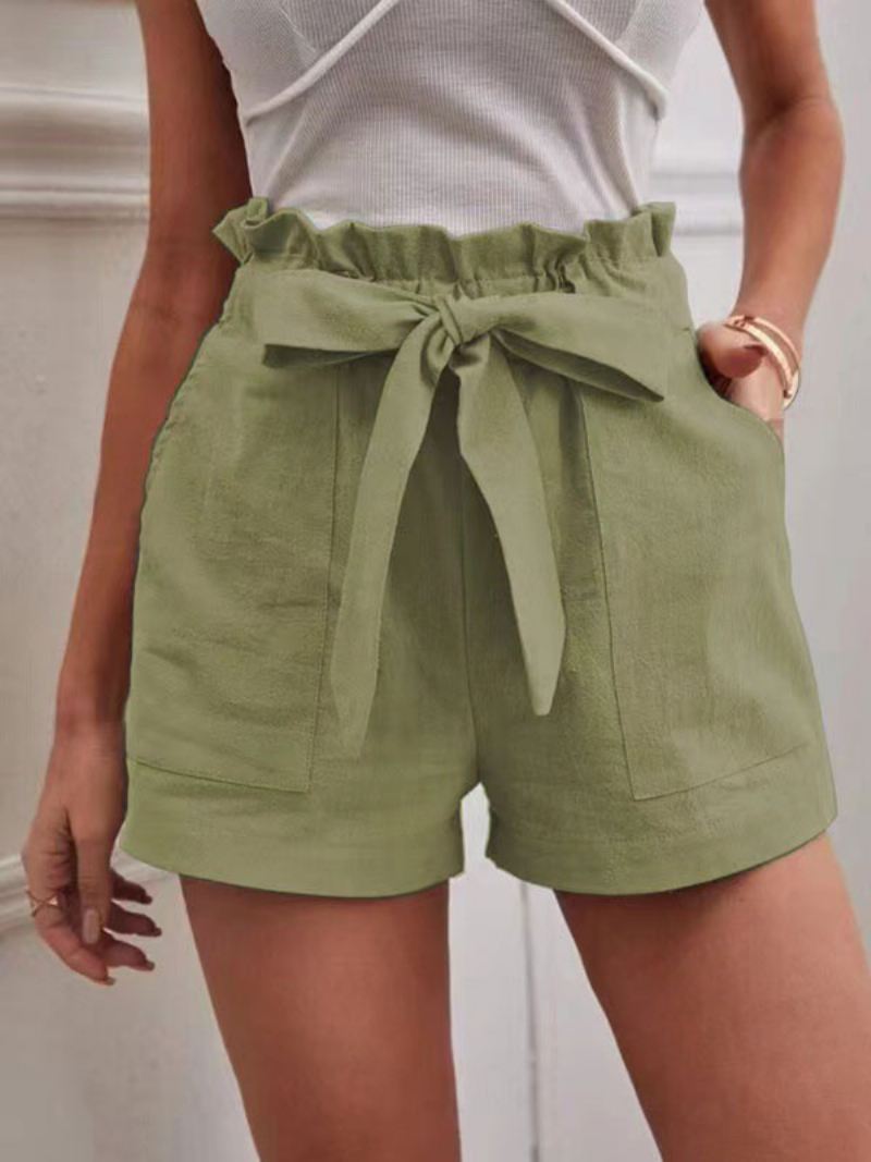 Linnen Shorts Dames Elastische Taille Vlinderdaszakken Leuke Zomerbroeken - Grasgroen