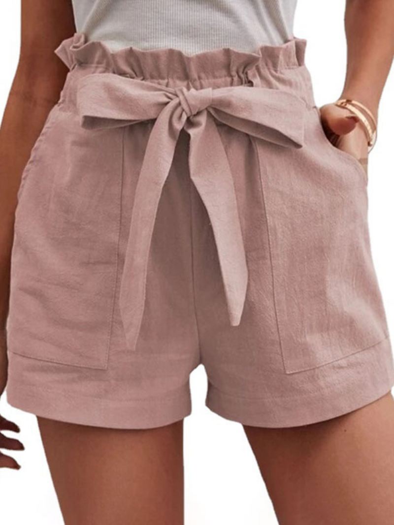 Linnen Shorts Dames Elastische Taille Vlinderdaszakken Leuke Zomerbroeken - Roze