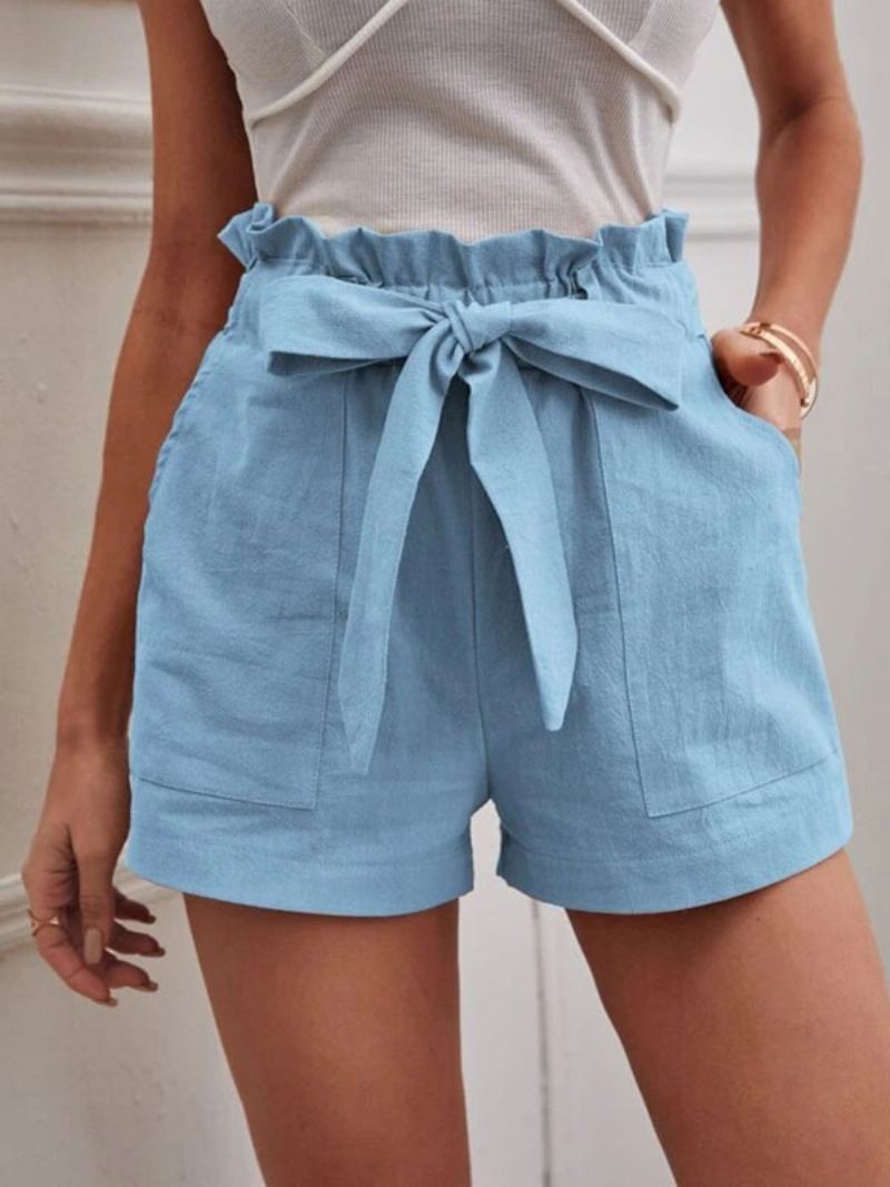 Linnen Shorts Dames Elastische Taille Vlinderdaszakken Leuke Zomerbroeken - Licht Hemelsblauw