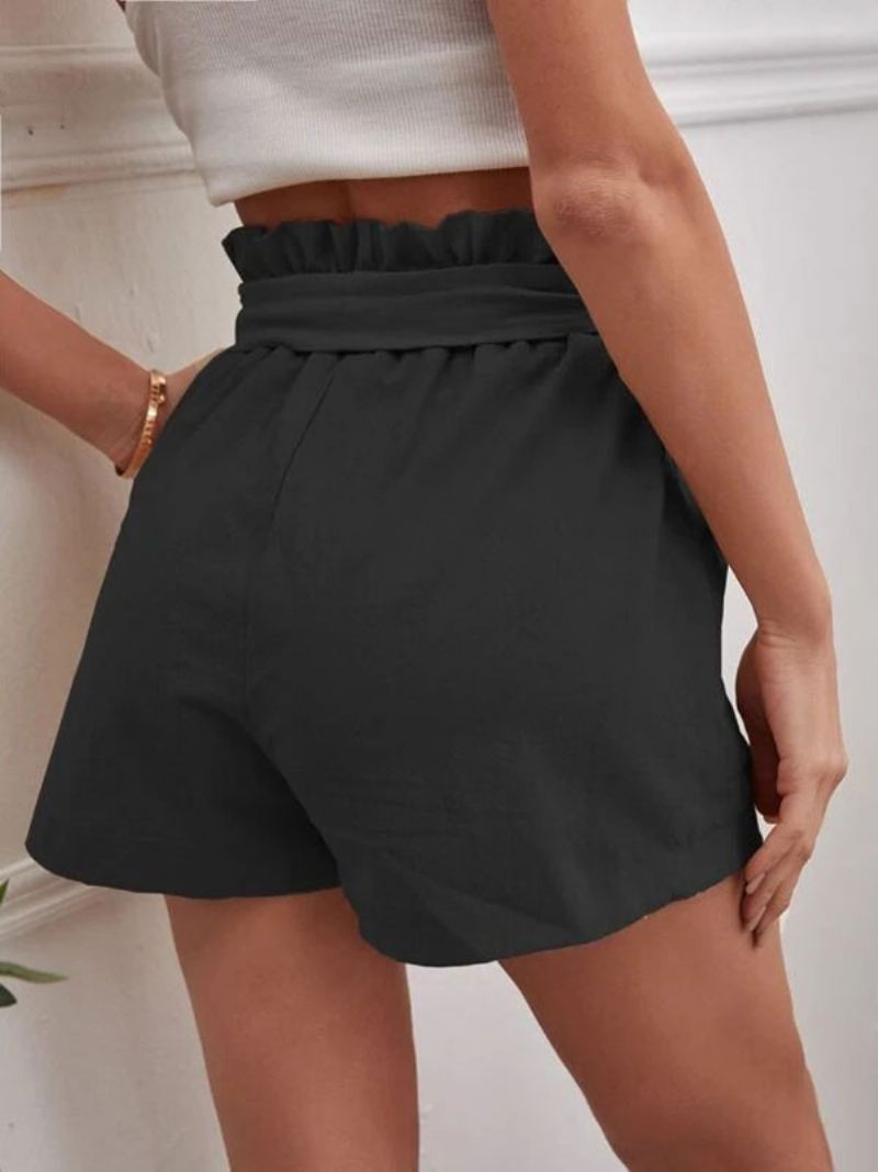 Linnen Shorts Dames Elastische Taille Vlinderdaszakken Leuke Zomerbroeken - Zwart