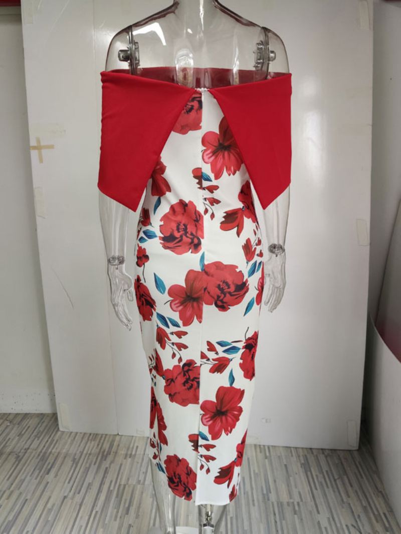 Bodycon-jurk Dames Bloemenprint Rood Bateau-hals Rits Gelaagd Sexy Korte Mouwen Potloodomslagjurken - Rood