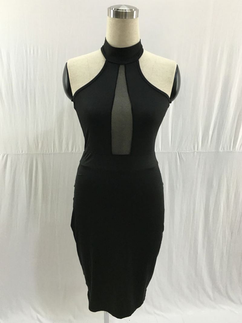 Bodycon-jurk Dames Zwart Halter Geplooid Geknoopt Casual Mouwloze Midi-kokerjurken Wikkeljurken - Zwart