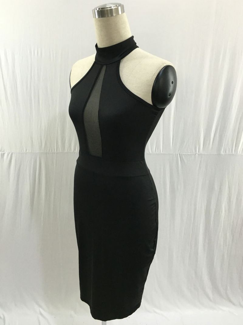 Bodycon-jurk Dames Zwart Halter Geplooid Geknoopt Casual Mouwloze Midi-kokerjurken Wikkeljurken - Zwart