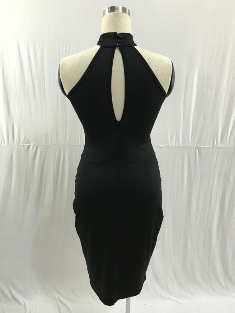 Bodycon-jurk Dames Zwart Halter Geplooid Geknoopt Casual Mouwloze Midi-kokerjurken Wikkeljurken - Zwart