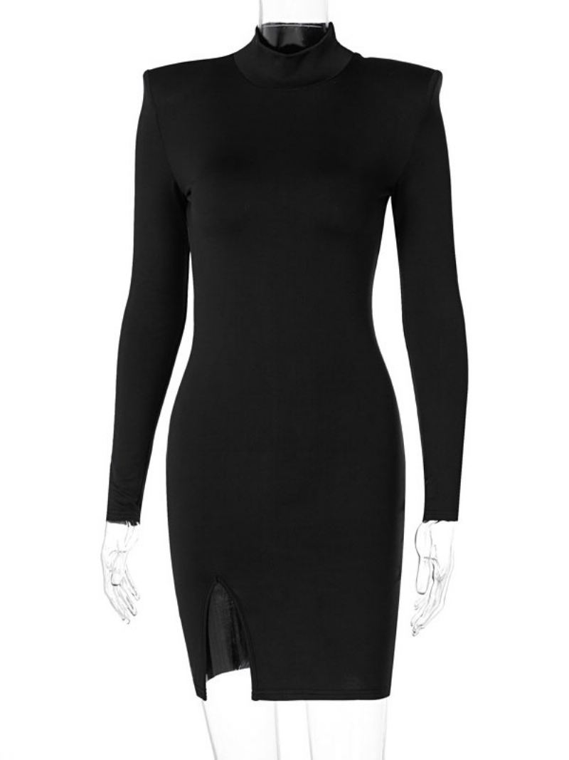 Bodycon-jurk Dames Zwarte Lange Mouwen Split Voorkant Sexy Hoge Kraag Gelaagde Wikkeljurken Schede - Zwart