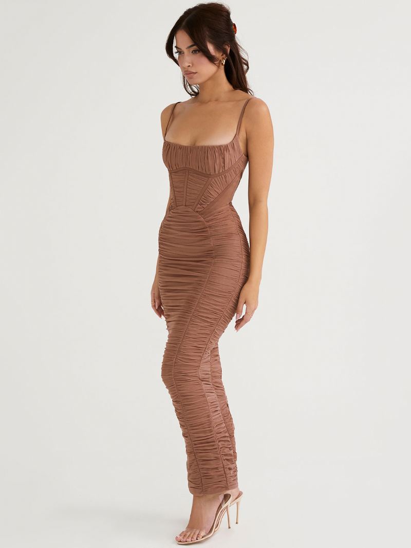 Bodycon-jurken Dames Bandjes Hals Geknoopt Stretch Casual Mouwloos Maxi-galajurk - Koffiebruin