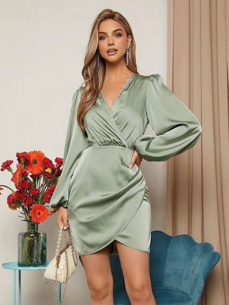 Bodycon-jurken Dames Faux Wrap Lange Mouwen Ruches Schede-jurk Effen Kleur - Groen