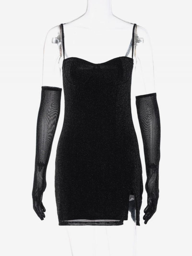 Bodycon-jurken Dames Mouwloos Split Voorkant Sexy Bandjes Halsschede-jurk - Zwart