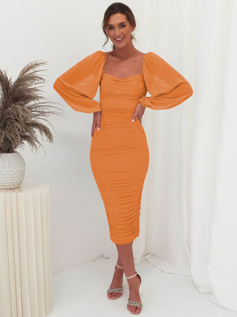 Bodycon-jurken Dames Vierkante Hals Lange Mouwen Semi-formele Midi-galajurk - Oranje