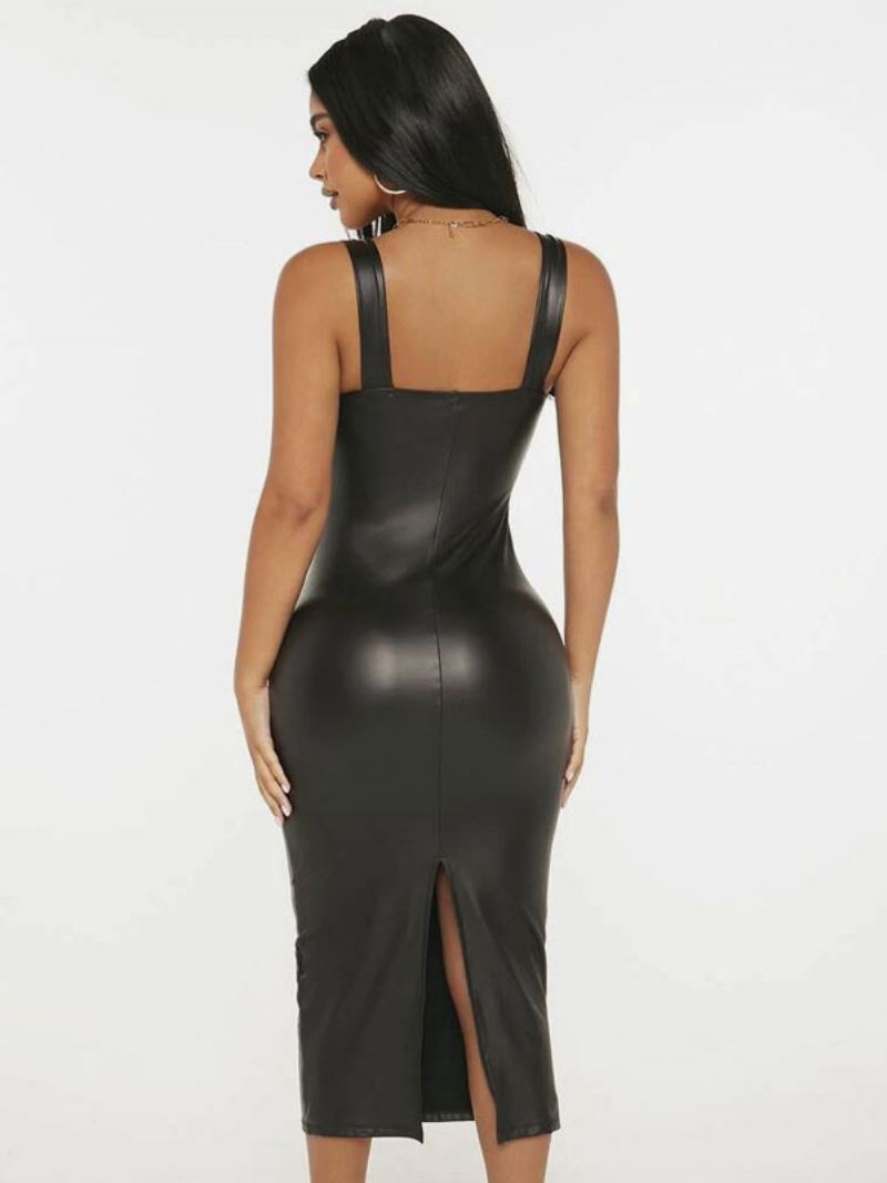 Bodycon-jurken Dames Zwart Mouwloos Split Voorkant Sexy Midi-schedejurk Met Vierkante Hals Lage - Zwart