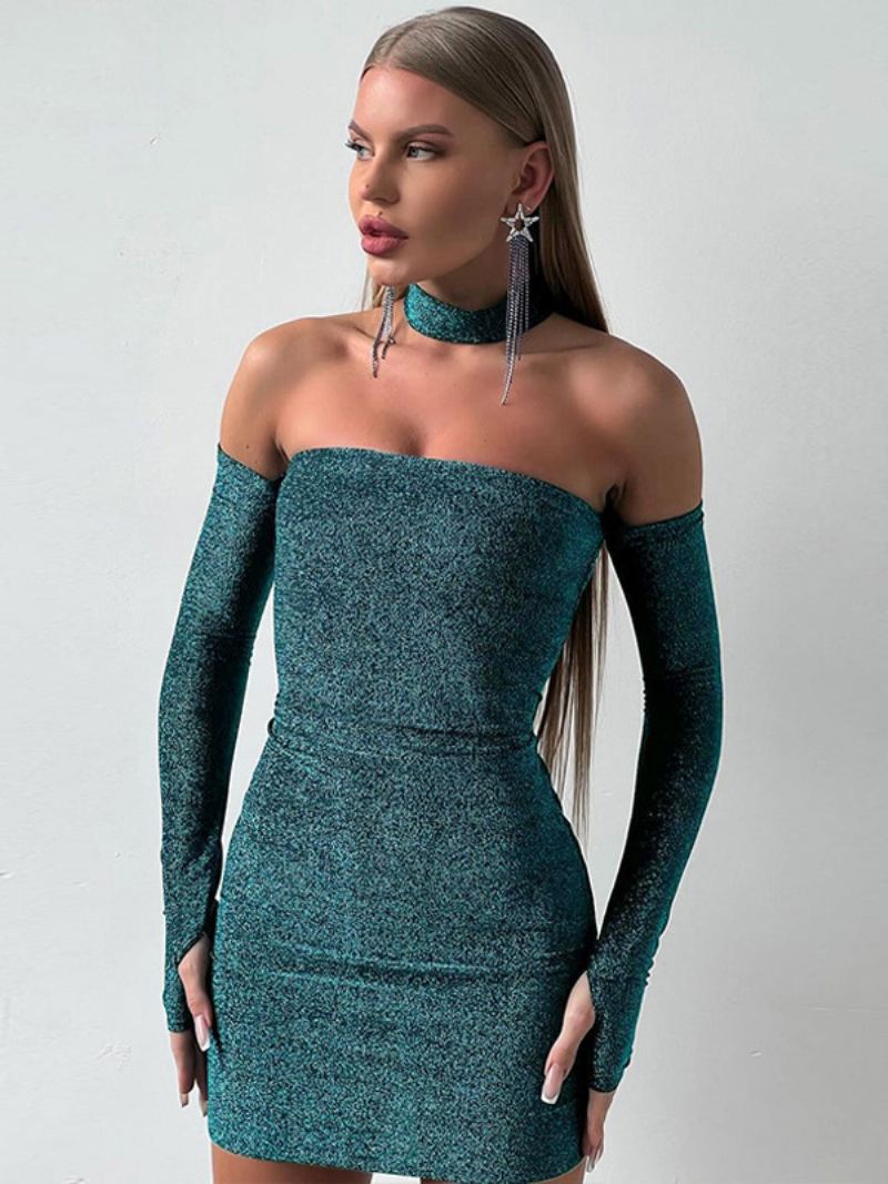 Dames Glitter Bodycon Jurken Lange Mouwen Koude Schouder Verjaardagsfeestje Mini-jurken - Groen