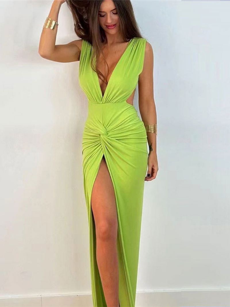 Dames Maxi-jurk V-hals Mouwloos Sexy Geplooide Vloerlengte Jurk Met Hoge Split - Groen