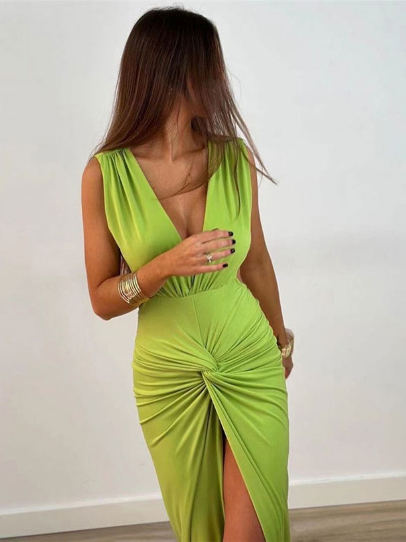 Dames Maxi-jurk V-hals Mouwloos Sexy Geplooide Vloerlengte Jurk Met Hoge Split - Groen