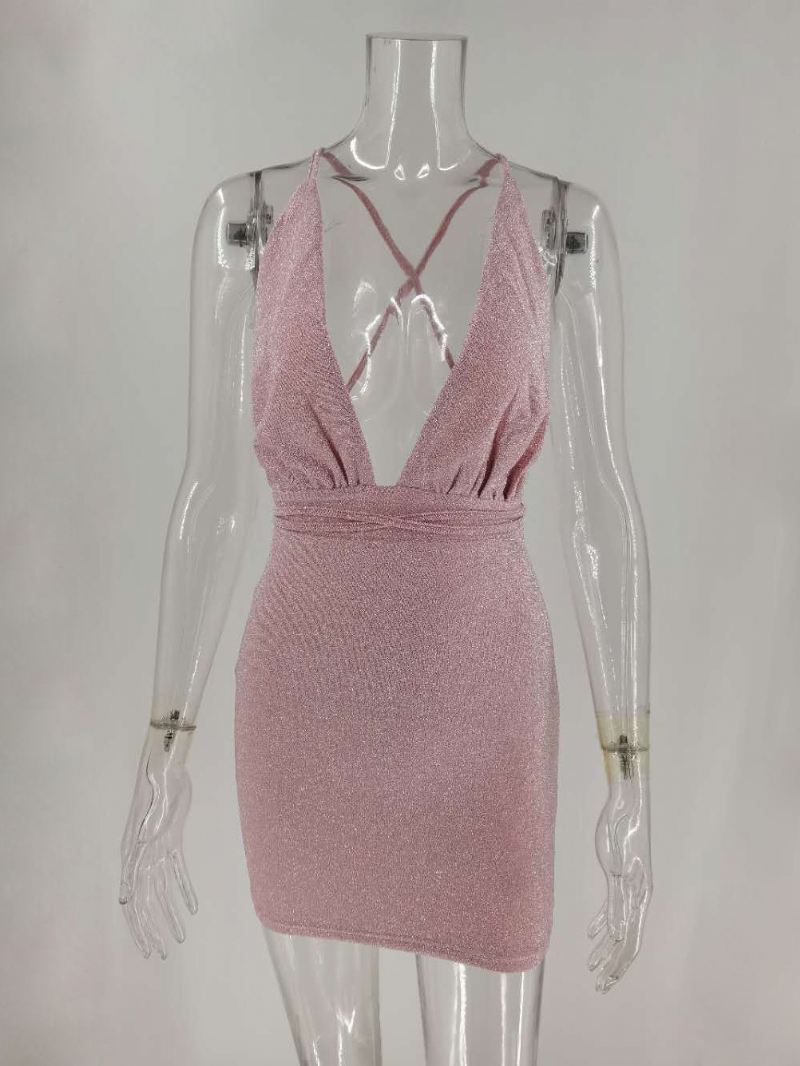 Damesverjaardagsfeestjejurken Roze V-hals Geplooide Mouwloze Rugloze Semi-formele Jurk Bodycon-jurk - Roze