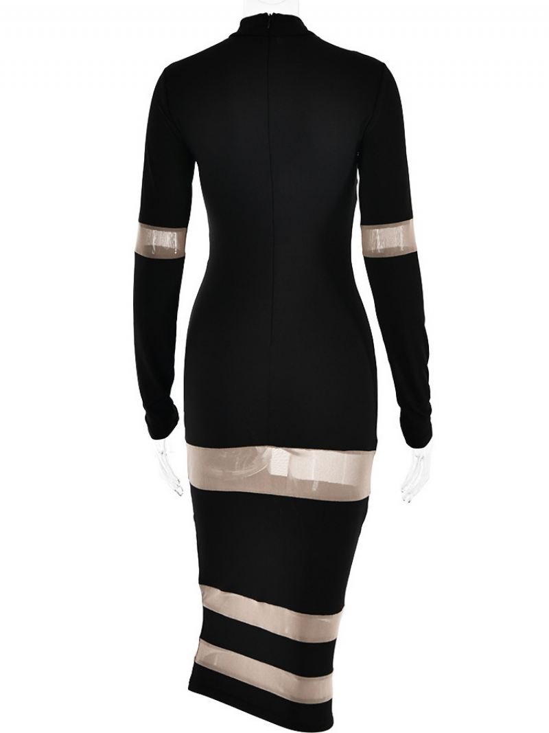 Mesh Patchworkjurk Dames Lange Mouwen Doorzichtige Feestbodycon-jurken - Zwart