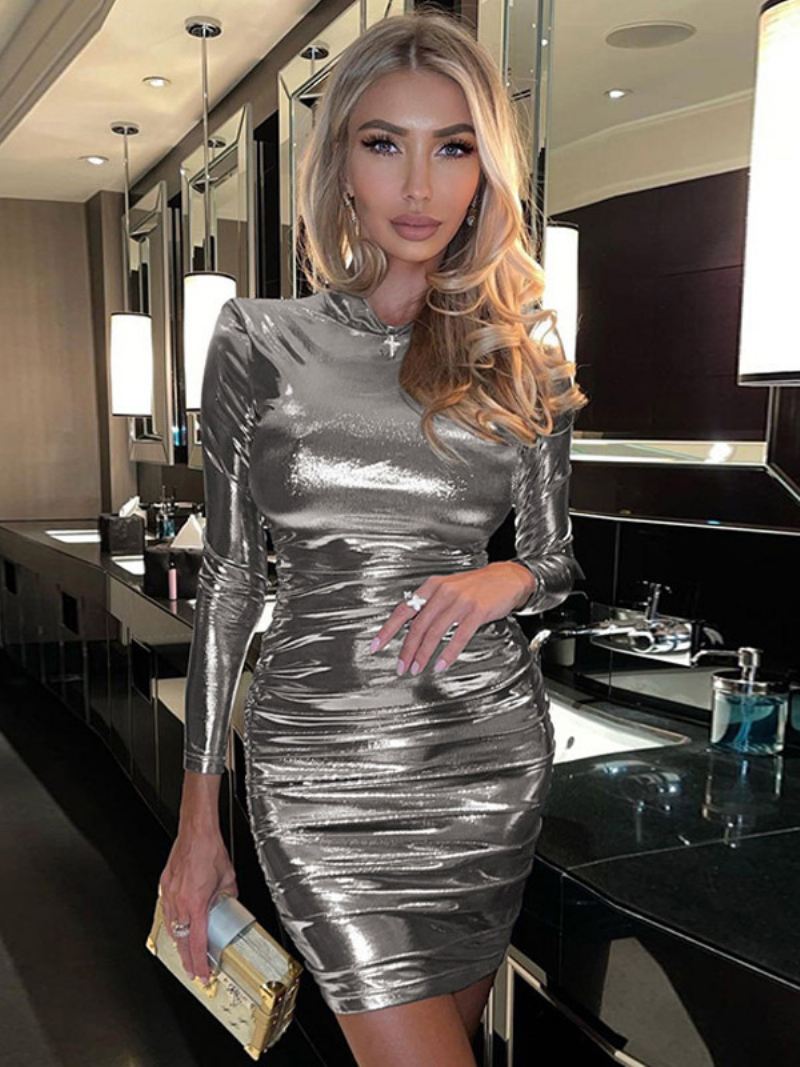 Metallic Kleur Bodycon-jurk Dames Gewatteerde Schouder-geplooide Schede-jurken