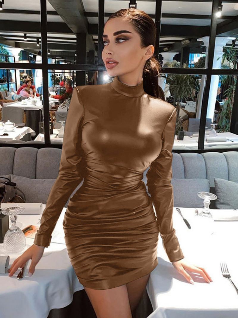 Metallic Kleur Bodycon-jurk Dames Gewatteerde Schouder-geplooide Schede-jurken - Koffiebruin