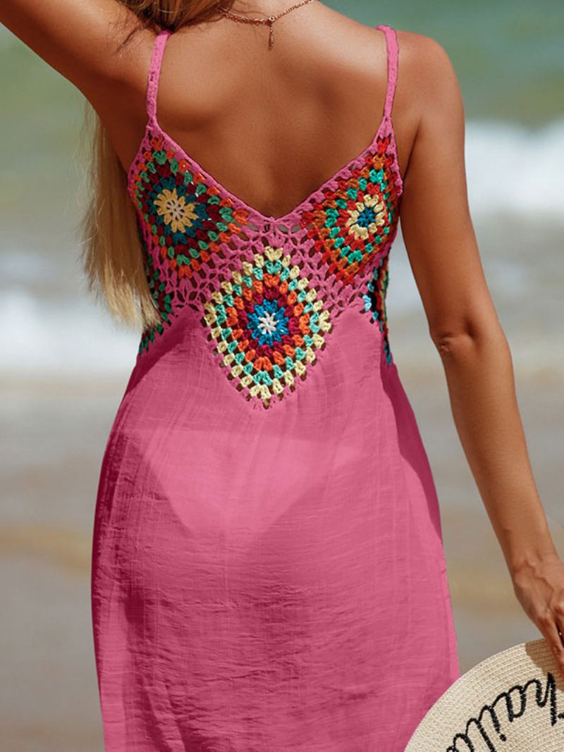 Vrouwen Cover Ups Roze Kleurblok Uitgesneden Bandjes Hals Mouwloos Polyester Zomer Sexy Badpakken - Roze