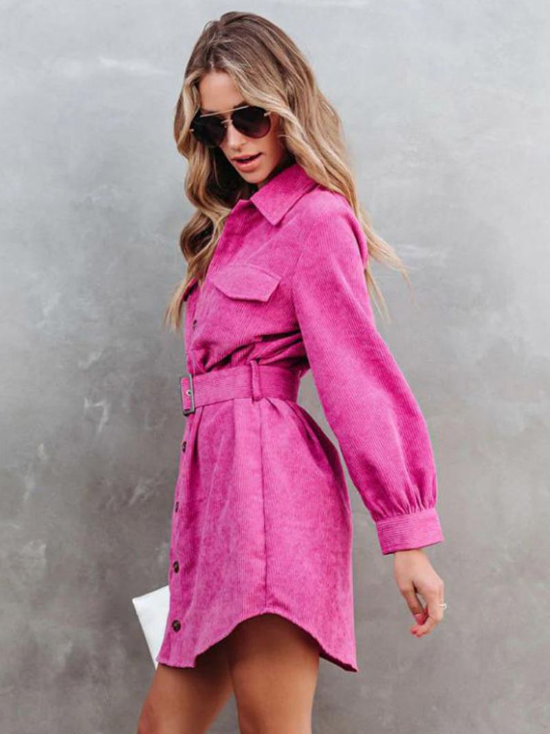 Dames Corduroy Overhemdjurken Effen Kleur Riem Dagelijks Herfst Lente Mini-jurk - Roze