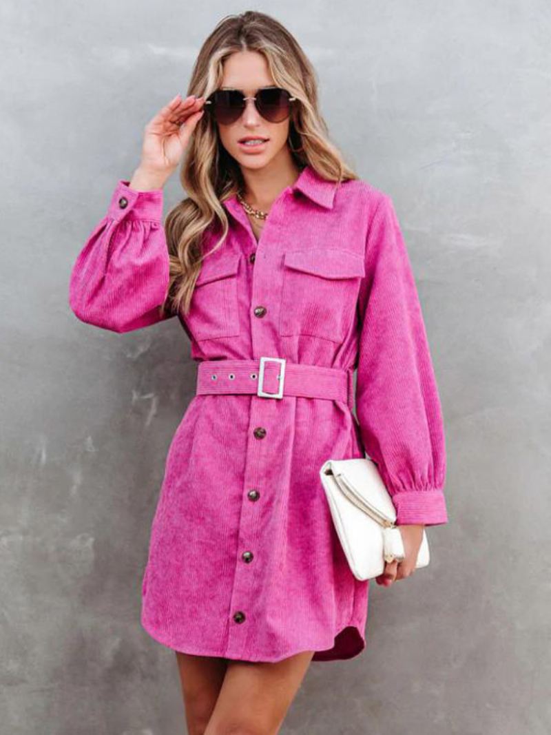 Dames Corduroy Overhemdjurken Effen Kleur Riem Dagelijks Herfst Lente Mini-jurk - Roze