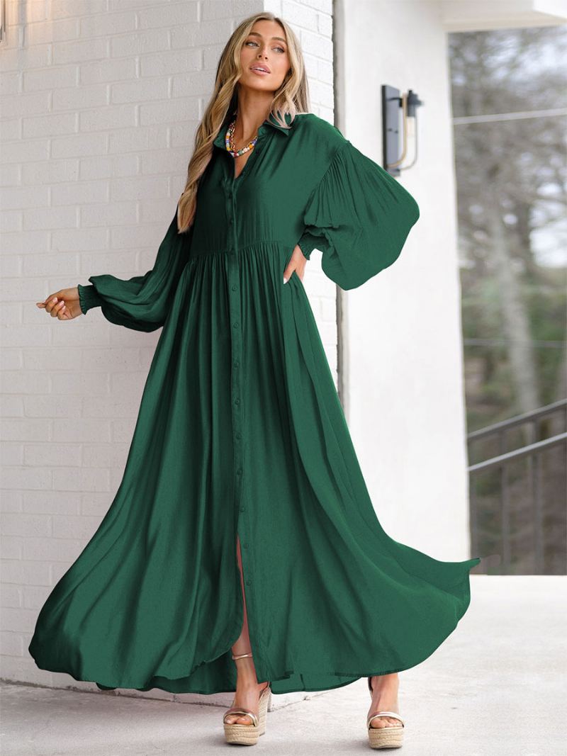 Maxi-jurk Dames Witte Kraag Lange Mouwen Oversized Overhemdjurk - Groen