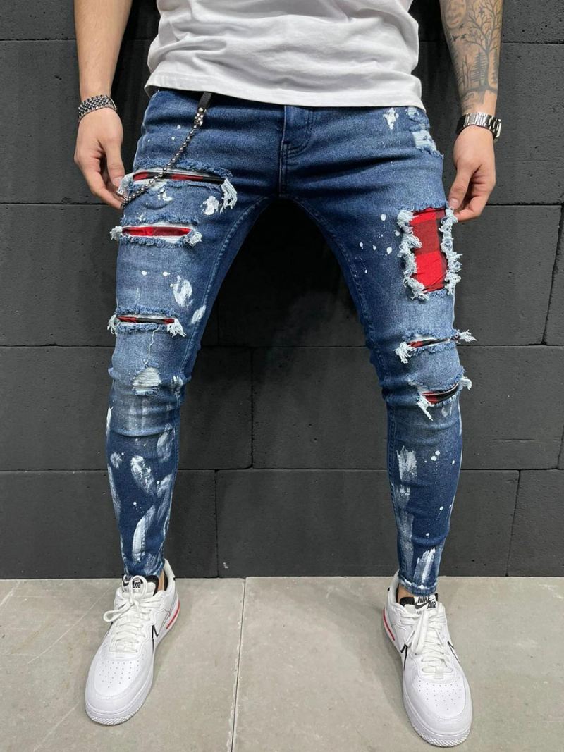 Broek Heren Casual Noodlijdende Skinny Diepblauwe Herenbroek