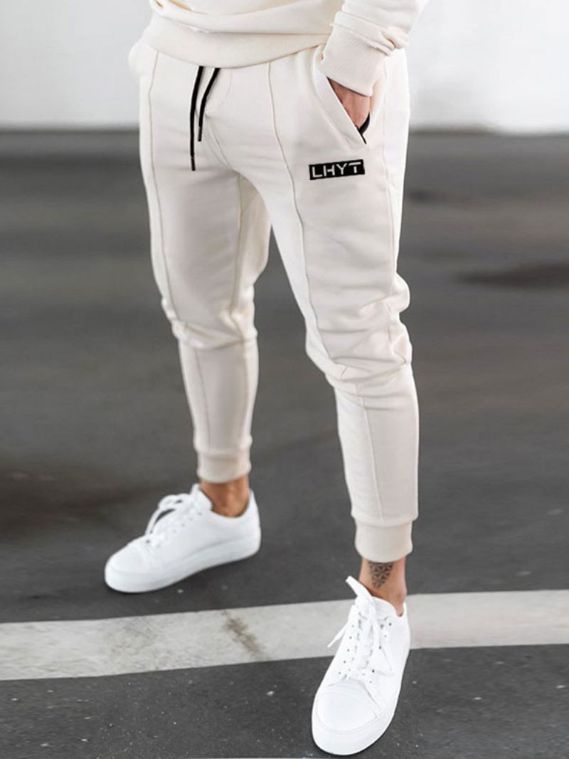 Broek Heren Casual Woordenprint Tapered Fit Joggingbroek Ecru Witte Lange