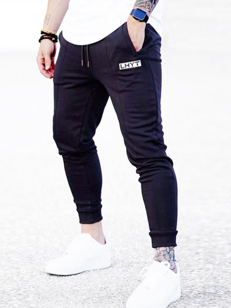 Broek Heren Casual Woordenprint Tapered Fit Joggingbroek Ecru Witte Lange - Zwart